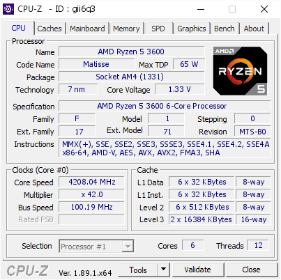 AMD Ryzen 5 3600 @ 4208.04 MHz - CPU-Z VALIDATOR
