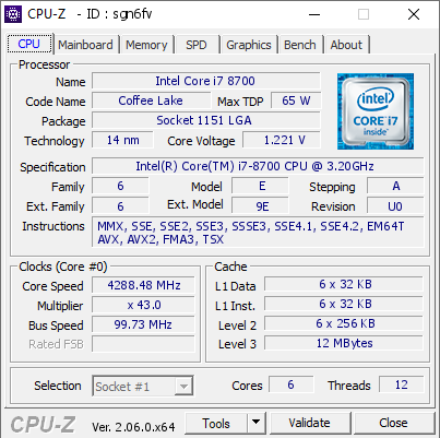 Intel Core i7 8700 @ 4288.48 MHz - CPU-Z VALIDATOR