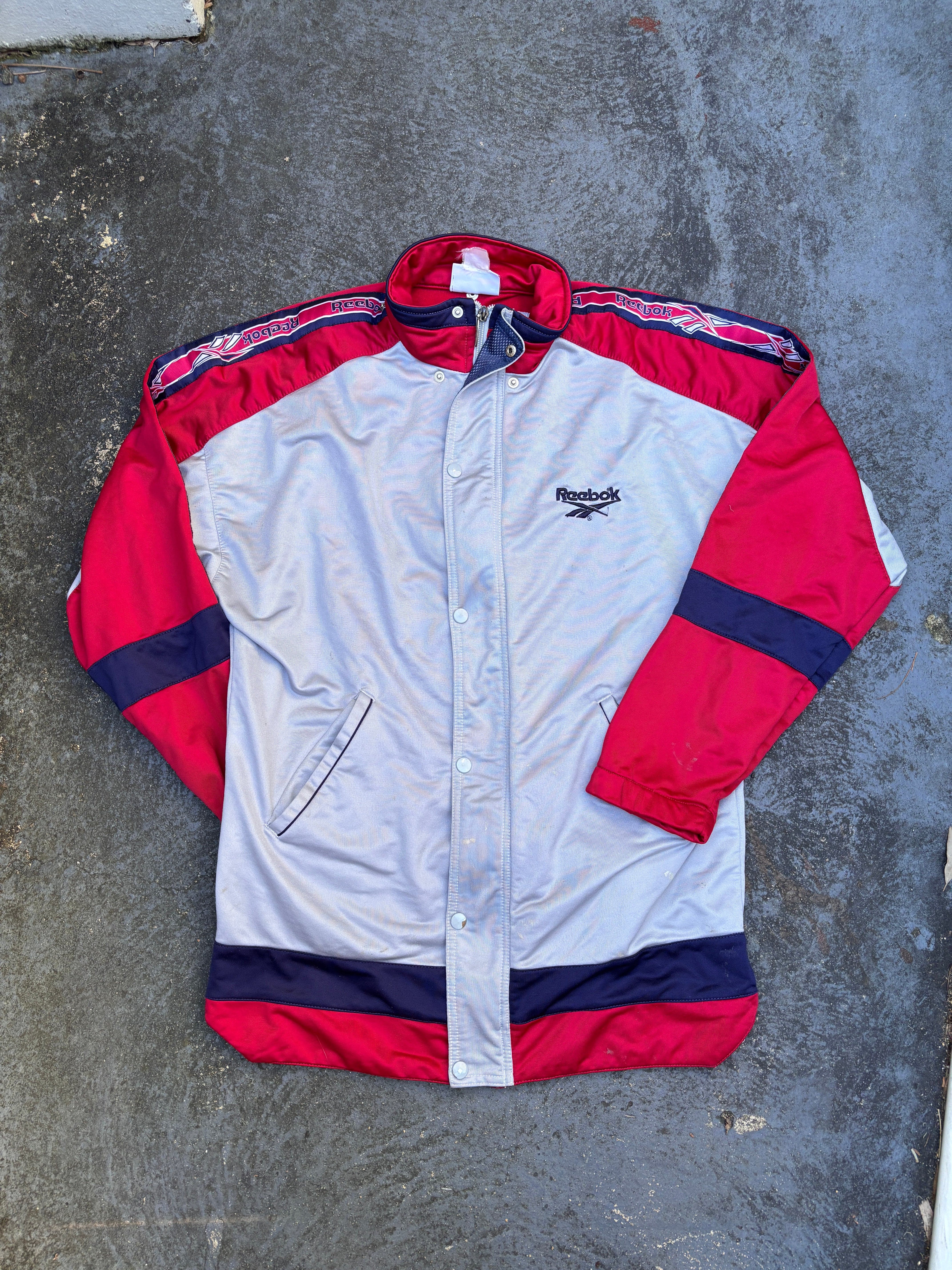 Vintage 90s Reebok Jacket Size XL Grey Red Detail Button Zip Arm