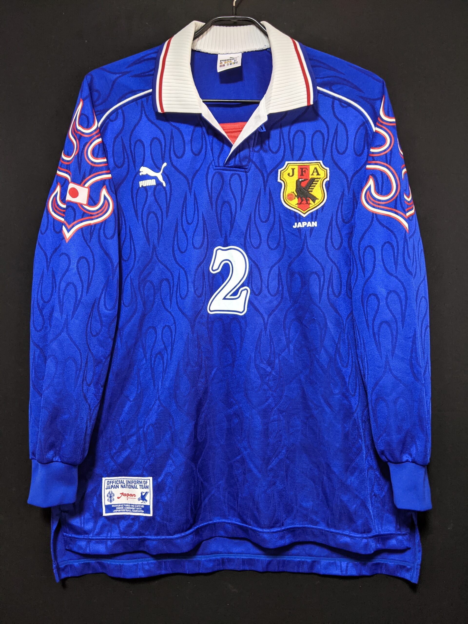 98年 サッカー 日本代表 ホーム 長袖 XL 炎 フランスW杯 ゲームシャツ