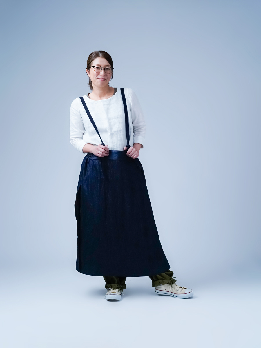 リネンデニムタブリエ】 魔法のエプロンスカート ／ ダークインディゴ