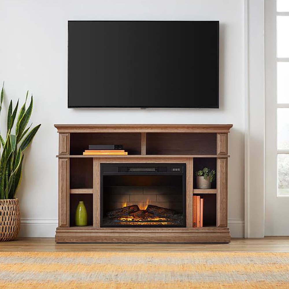Wolcott 48in Prairie Ash Open Shelf Electric Fireplace Media
