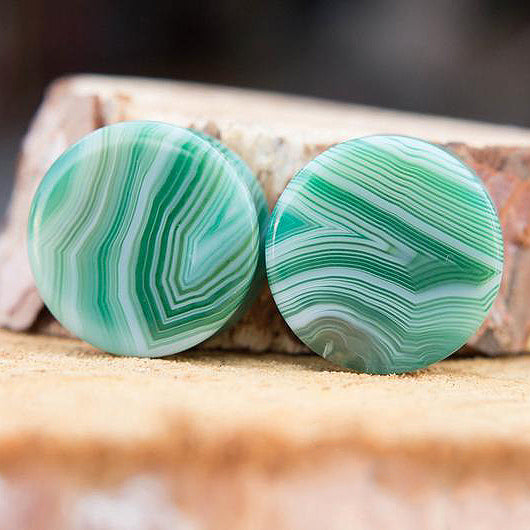 Green Striped Agate Plugs, Double Flared Pair, Organic Plugs | 70
