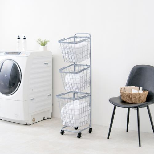 洗濯物も快適に持ち運びできる 3段ランドリーラック (角型/スカイ