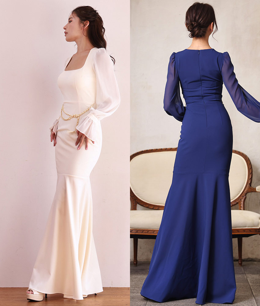 ネイビーブルーチェーン長袖マーメイドロング/山崎みどり - カラードレス