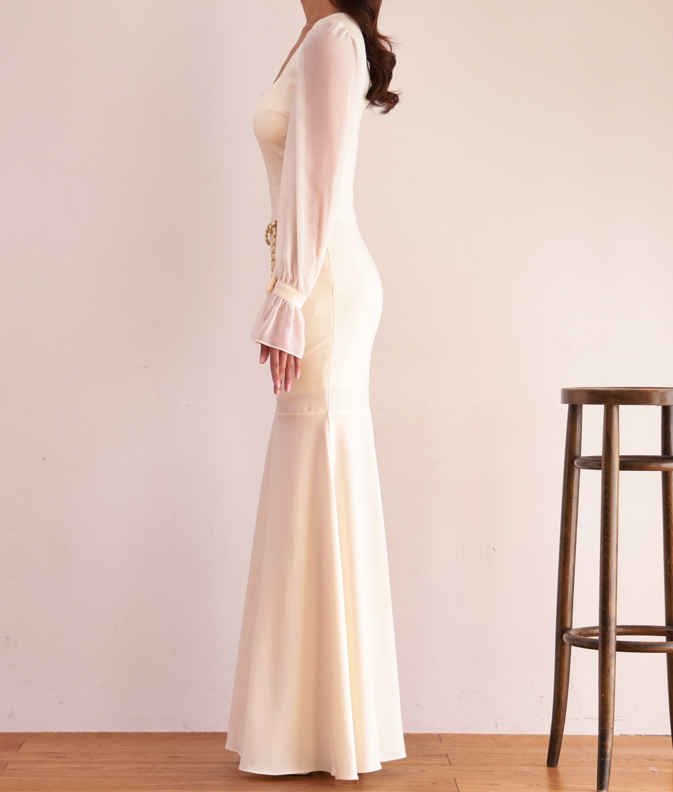 ネイビーブルーチェーン長袖マーメイドロング/山崎みどり - カラードレス