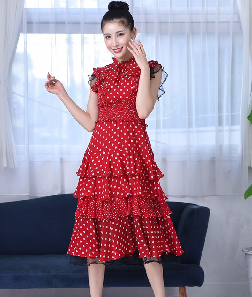 フラメンコ ワンピース 伸びる生地 赤ベロア水玉 ワンピースのみ販売