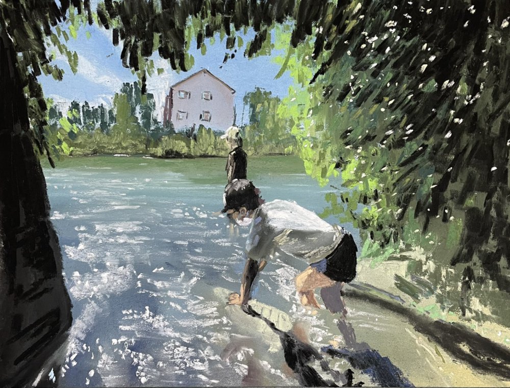 江津湖、小川のトンネル抜けていく | 坂口恭平パステル画 | 熊本市現代