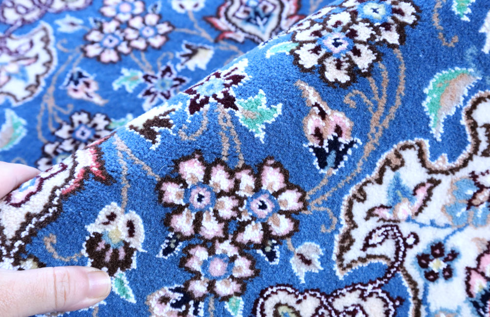 ナイン産ペルシャ絨毯 玄関マットサイズ 青 ウール＆シルク｜クラフト