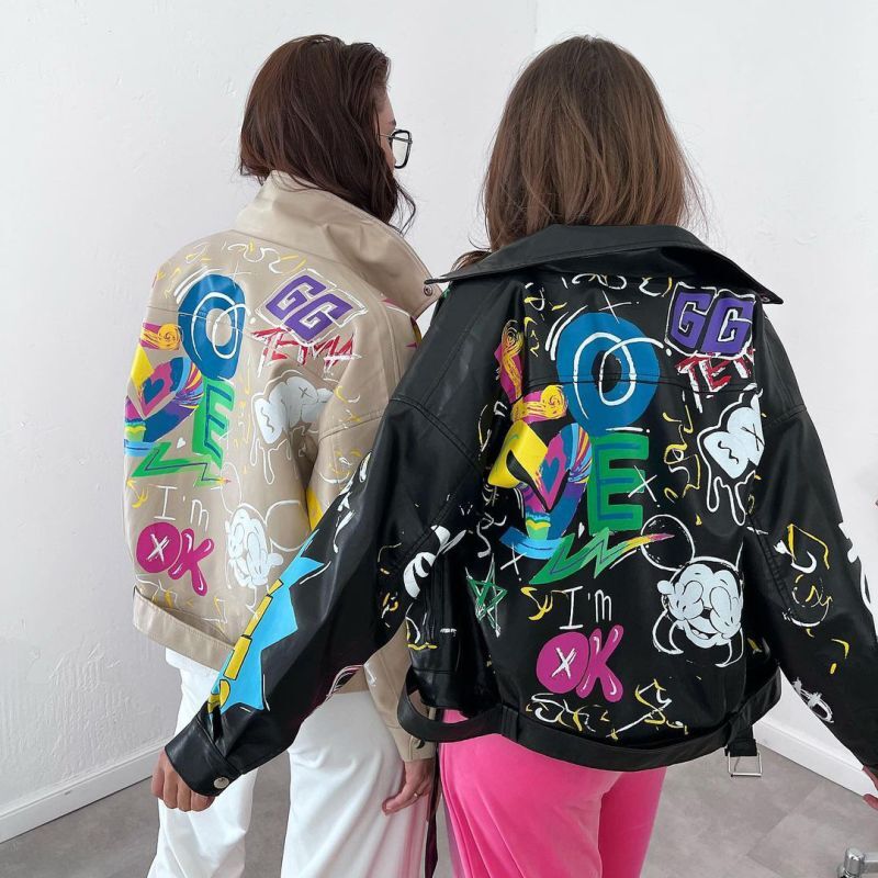 Women's Graffiti Print Lapel Leather Jacket Riders 落書き