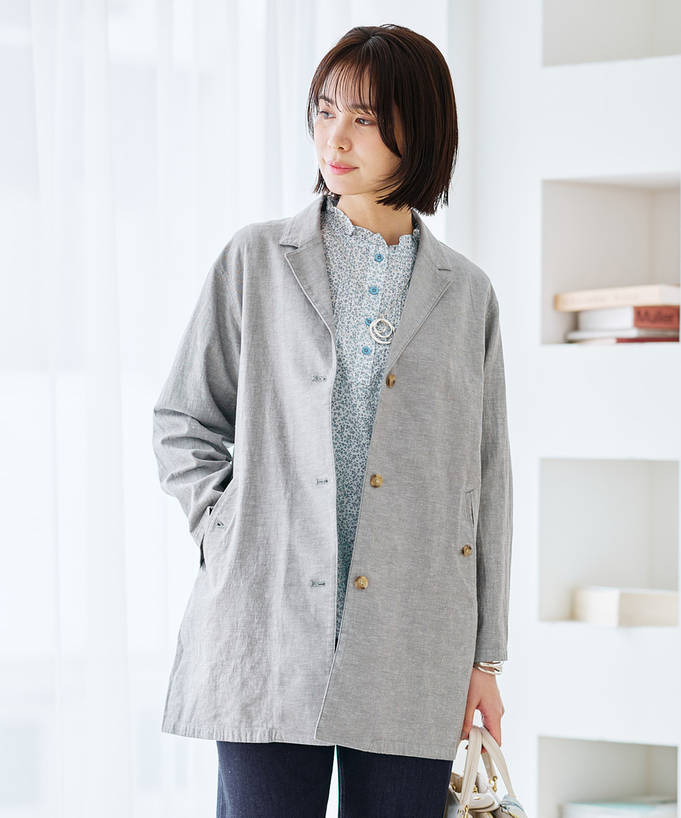 レディース リネンブレンド ロング ジャケット通販 [0304-61405