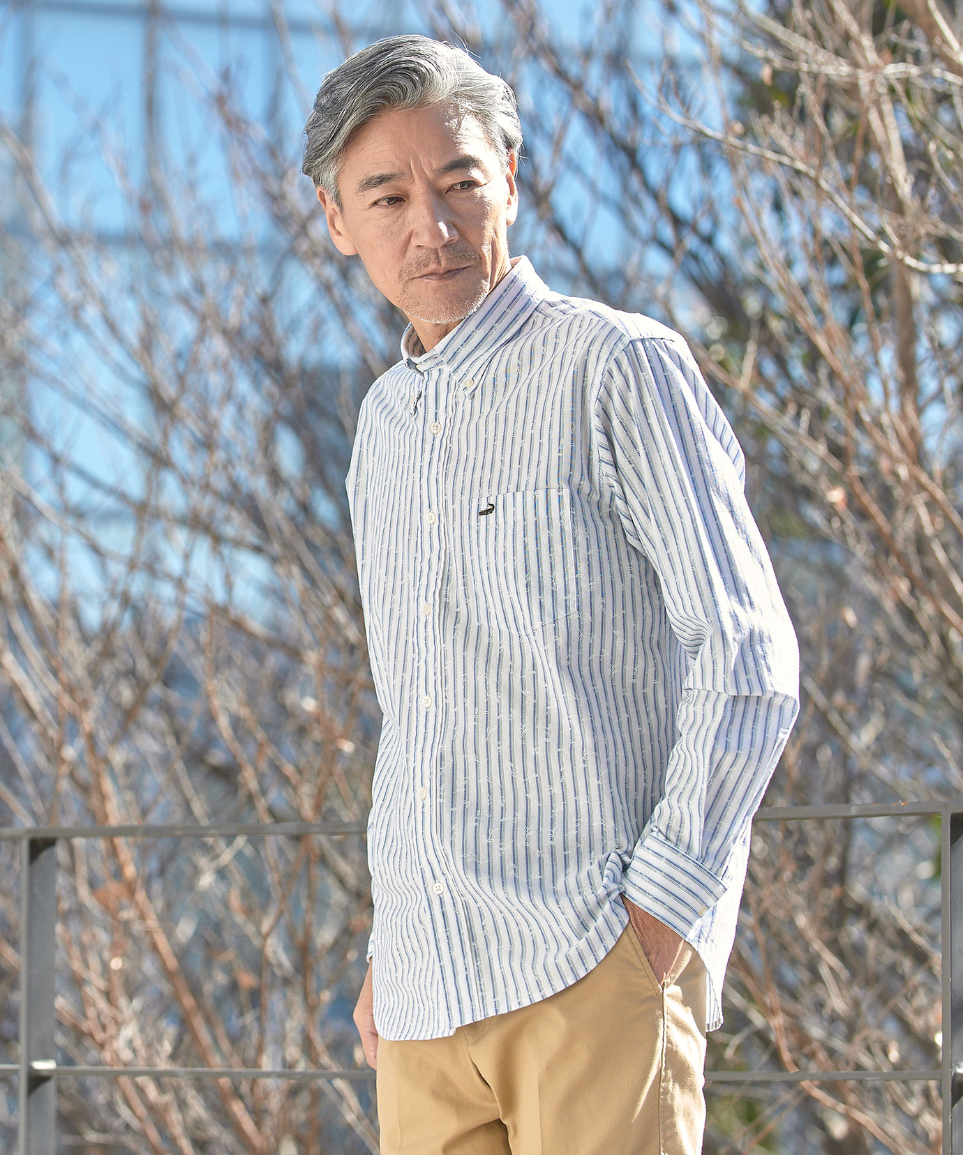 メンズ ストライプ リーフ柄 オックスフォード シャツ通販 [1601-51106