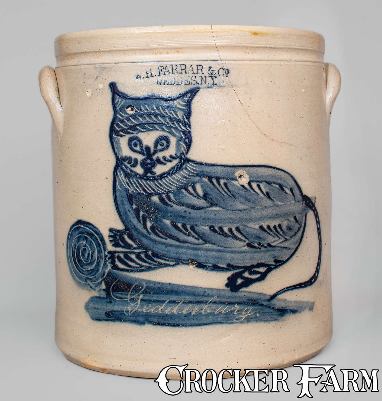 Important W. H. FARRAR / GEDDES, N.Y. Stoneware Crock w/ Elaborate
