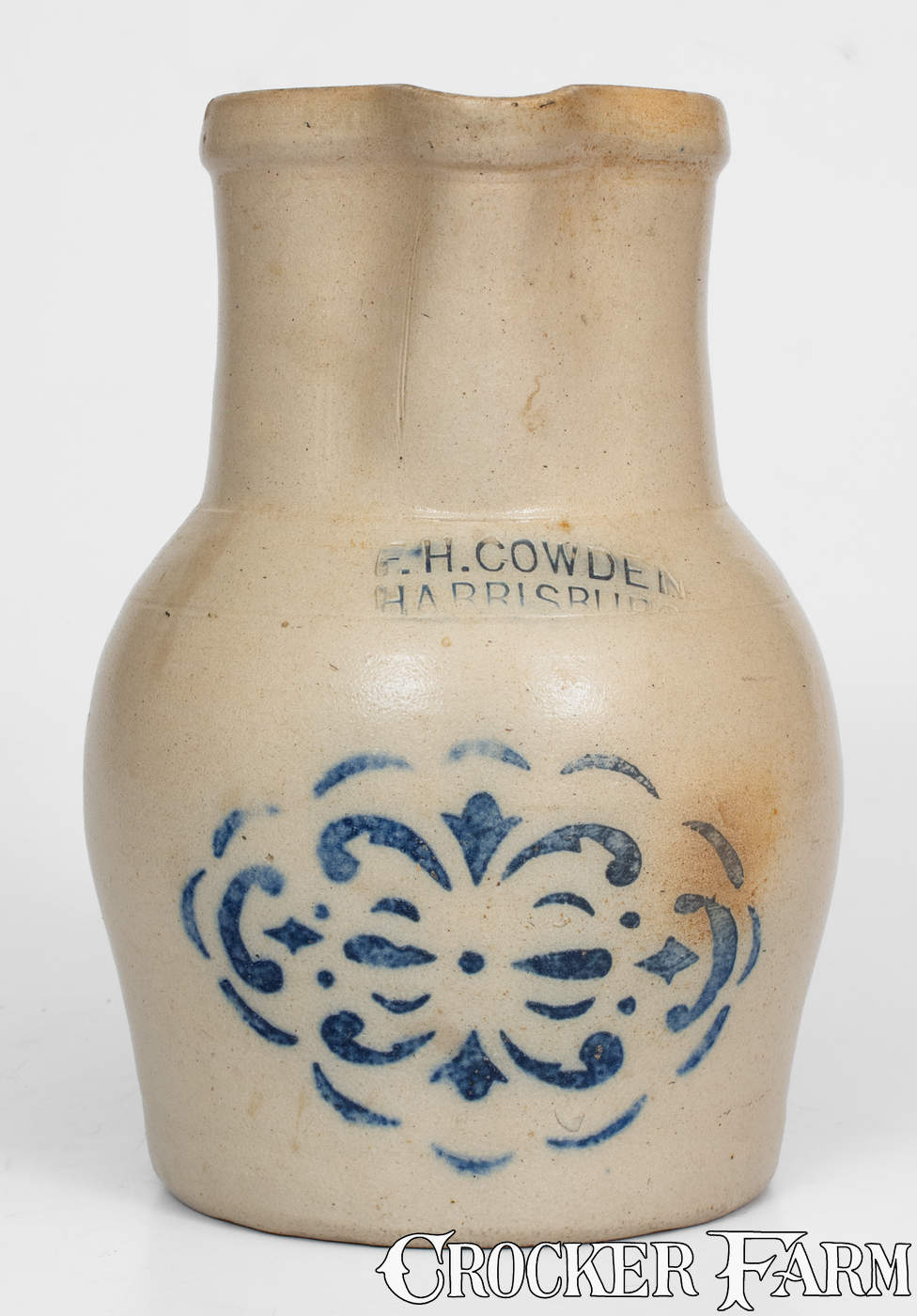 F.H. COWDEN / HARRISBURG Stoneware Pitcher w/ Stenciled Cobalt