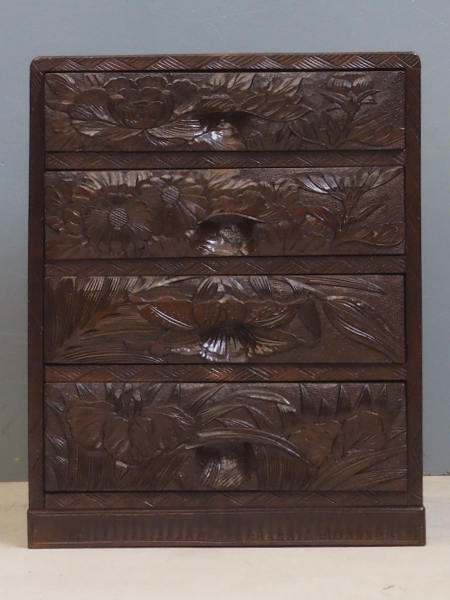 【伝統工芸品】日光彫り 5段棚 木製 小引き出し棚 牡丹の花 彫刻 小物入れ 美しい花々が描かれる日光彫の小引き出し DC7967 – 古福庵 [ KOFUKUAN