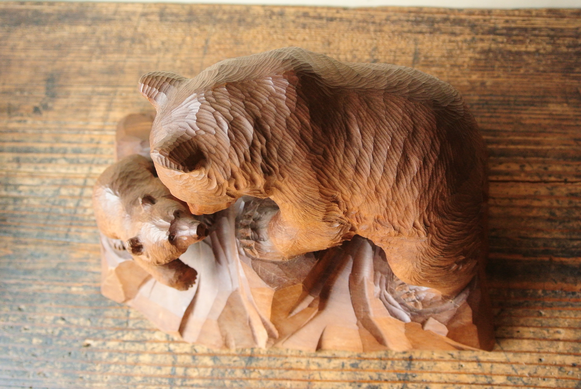 堀井清司 作「親子熊」木彫 - アンティーク雑貨・古道具の札幌