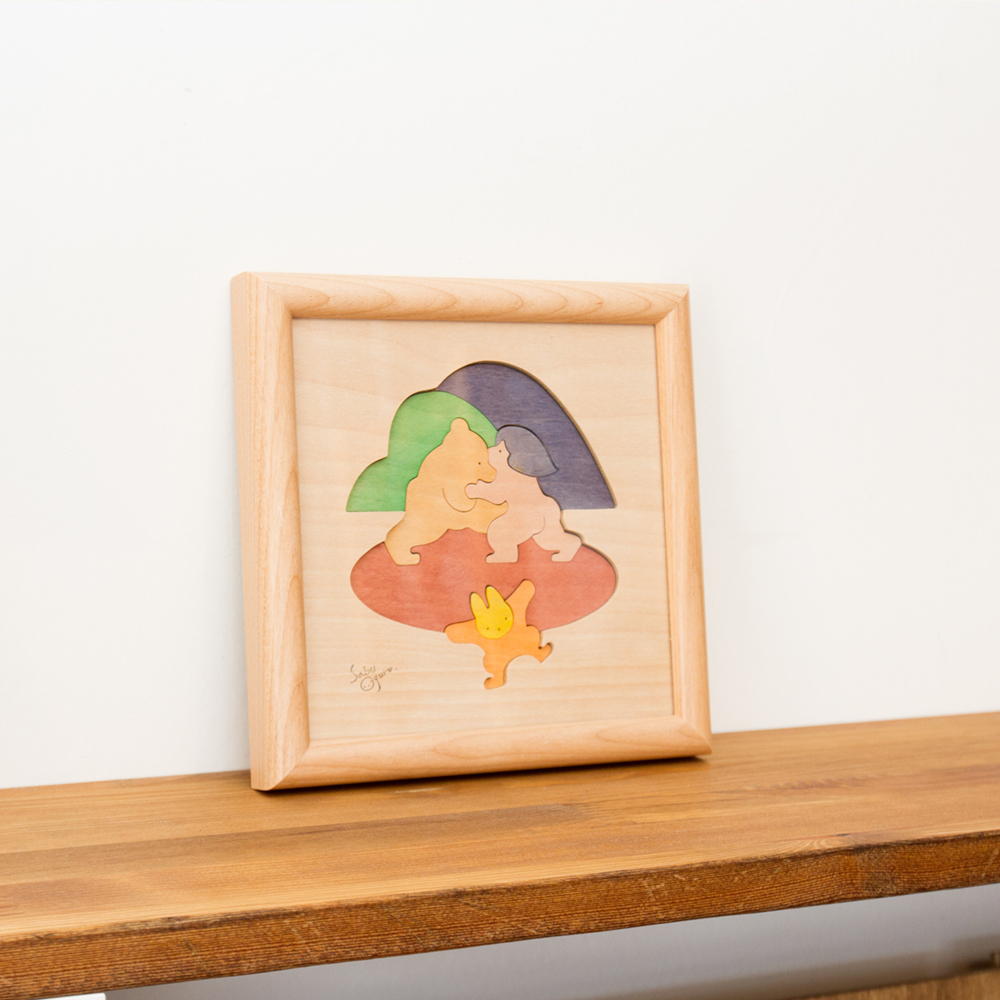 すもうをとるクマと金太郎（組み木絵）【小黒三郎の組み木絵】【KP138