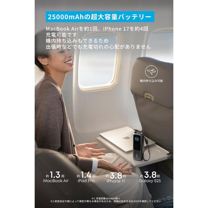 Anker Power Bank (25000mAh, Built-In & 巻取り式USB-Cケーブル