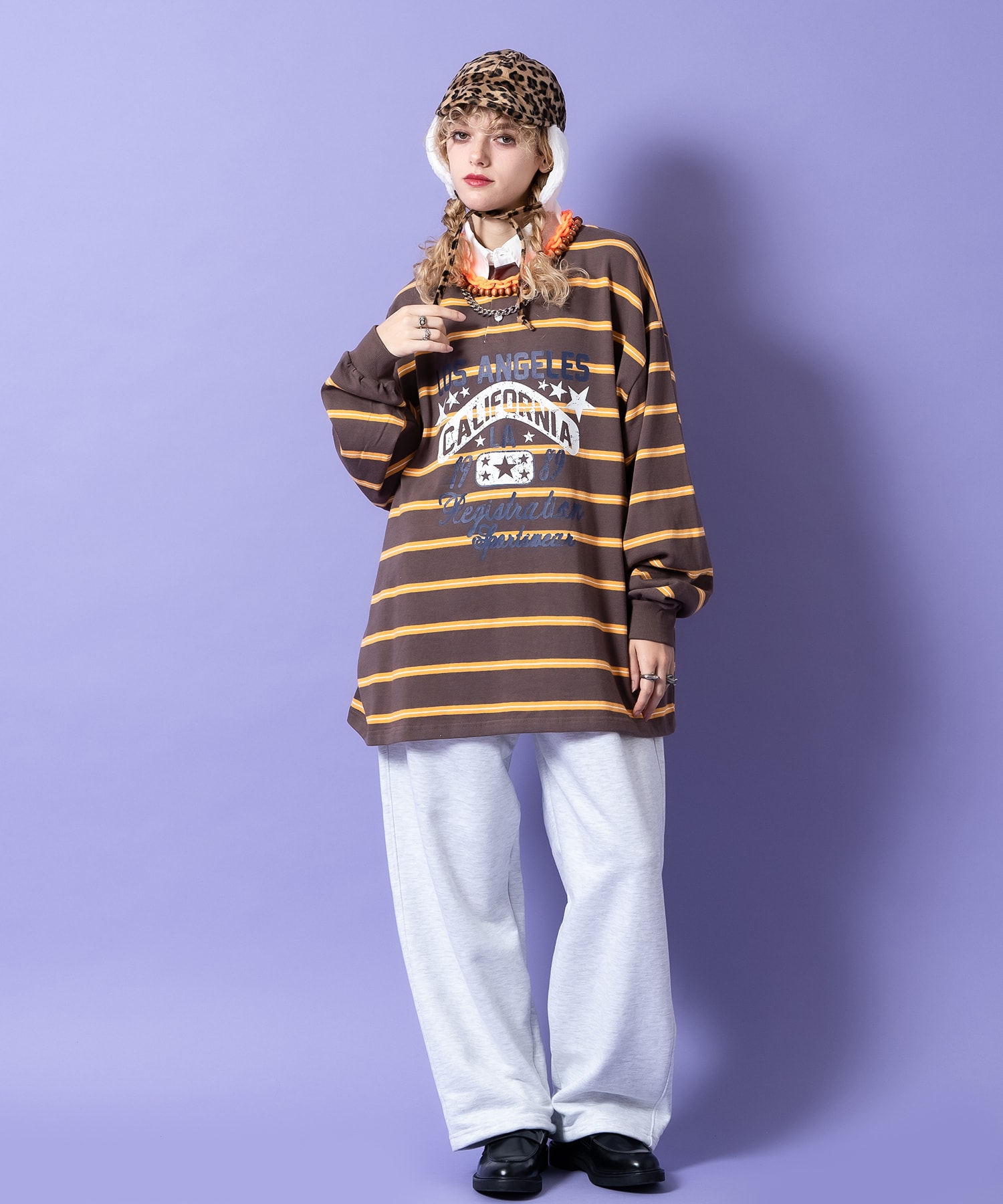 掠れアメカジプリントボーダー柄オーバーサイズラガーシャツ / ユニ