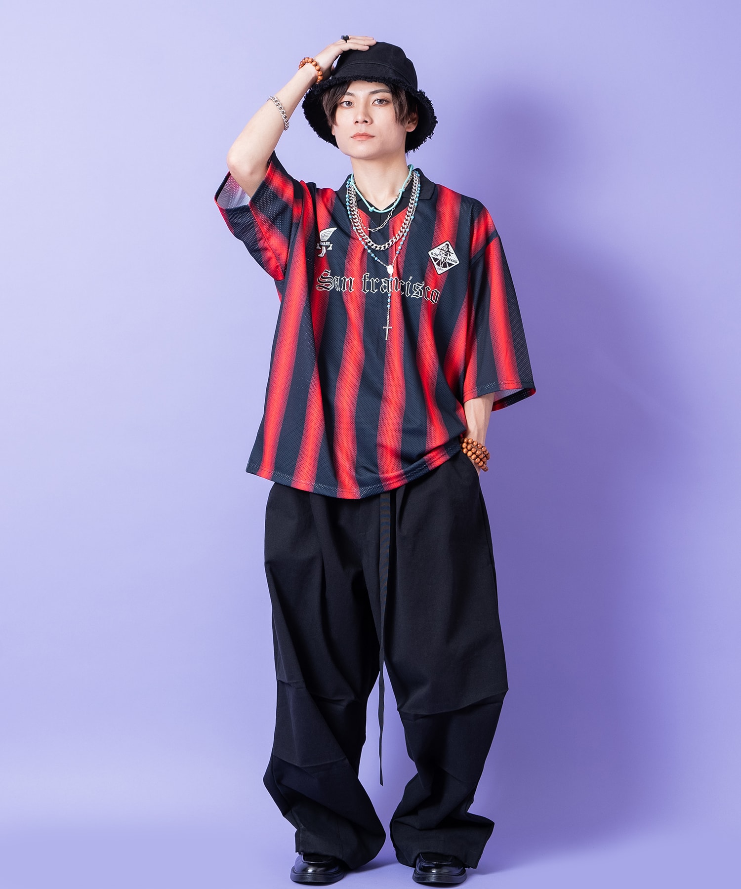 ストライプオーバーサイズメッシュ襟付きサッカーシャツ / 半袖 メンズ