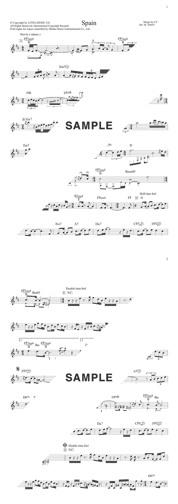 楽譜】Spain / Chick Corea（チック・コリア）（メロディ譜）提供:林