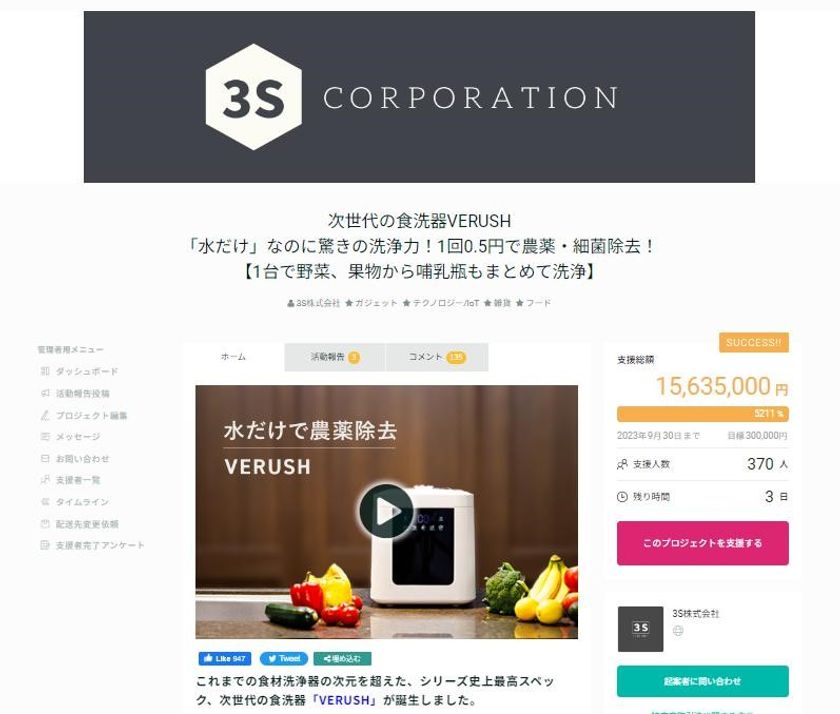 終了間近！！支援総額1,500万円超！！ 水だけで農薬・細菌除去可能な