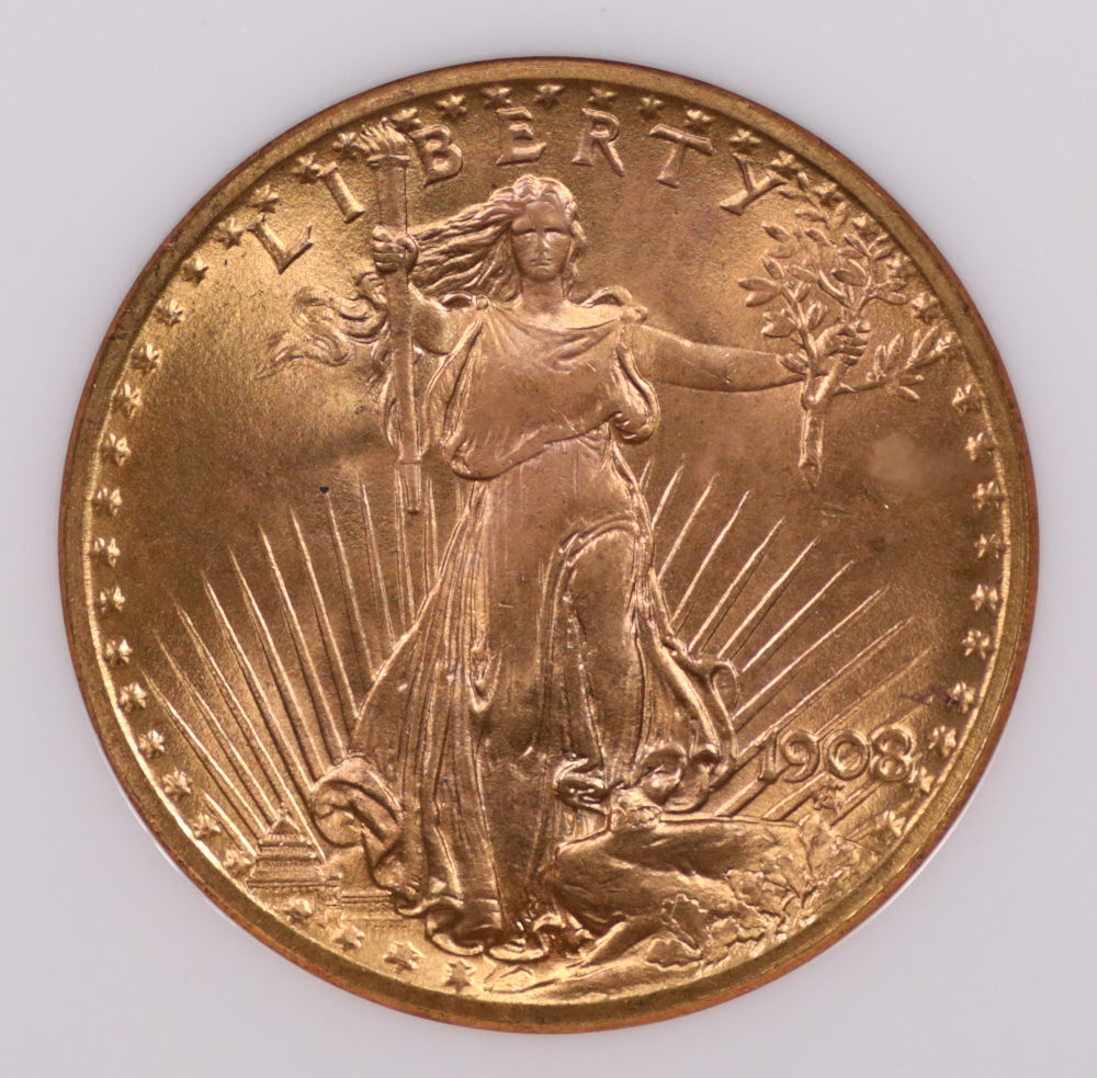 1908 $20 Saint-Gaudens Gold – Wells Fargo Hoard – NGC MS-67