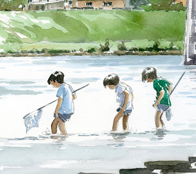 水彩＿広瀬川に遊ぶ子供の情景より・1