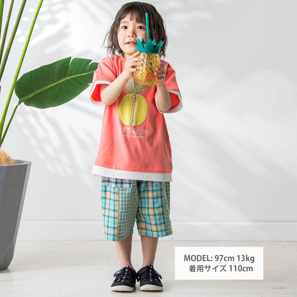 お揃い】チェック柄切り替えハーフパンツ(80~130cm)(80cm イエロー系