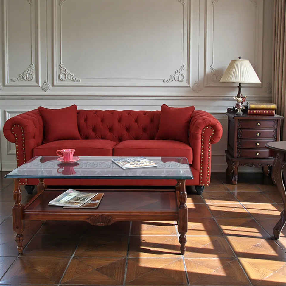 チェスターフィールド 3人掛けソファ(3P) 撥水 レッド 幅192cm