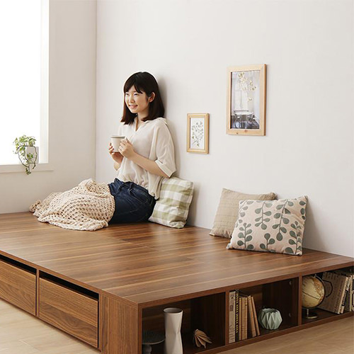 ベッドにもなる シェルフ棚・引出収納付フローリング調デザイン小