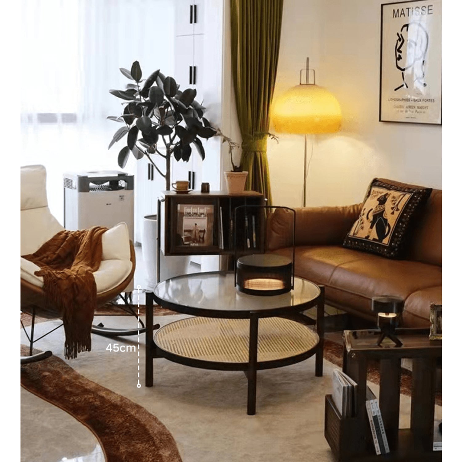 ラタンデザインの丸いセンターテーブル 圧迫感がないガラス天板- yw-169