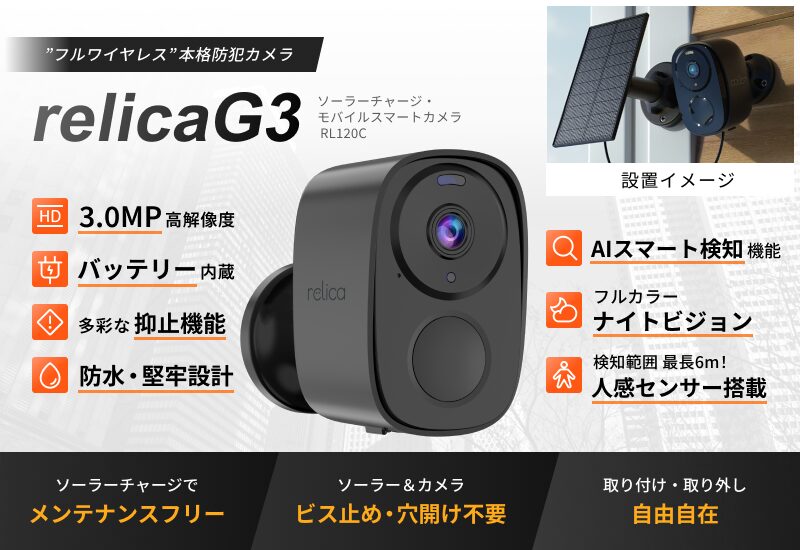 ソーラーチャージ・モバイルスマートカメラ「relica G3」を販売いたし
