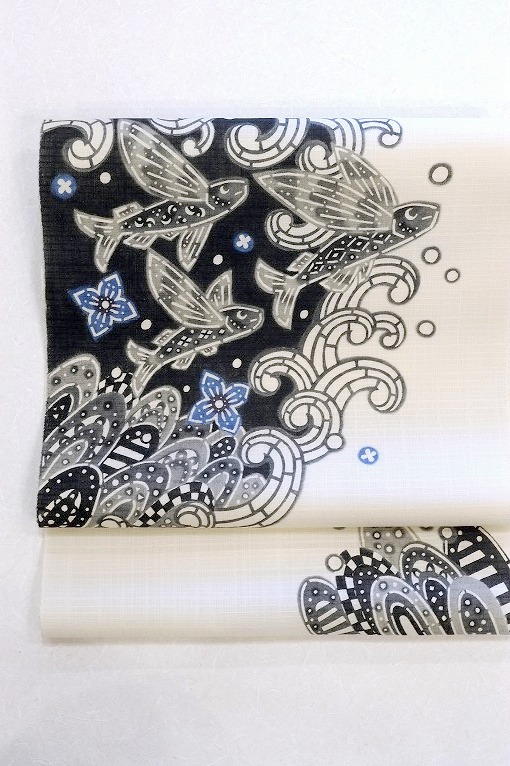 型絵染九寸名古屋帯/藤田順作品「波の向こうを見に行こう」