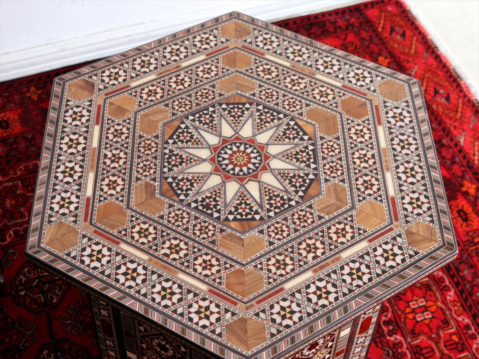 シリア製寄木細工の木製サイドテーブルLサイズ W52xH55xD52cm Syrian