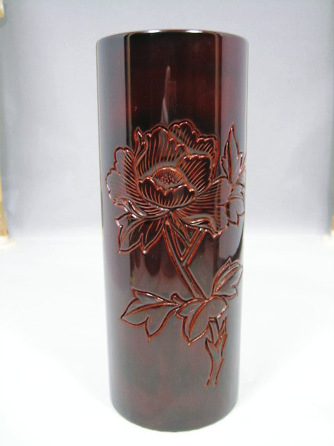 工芸品・漆器・村上木彫堆朱・朱溜塗・花瓶・朱溜塗牡丹紋円筒花瓶