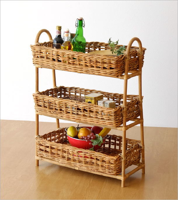 バスケット アラログ 3段 収納 おしゃれ ランドリーラック ラタン 天然
