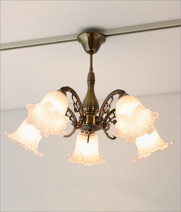 シャンデリア アイアン ガラス おしゃれ 5灯 アンティーク風 花型