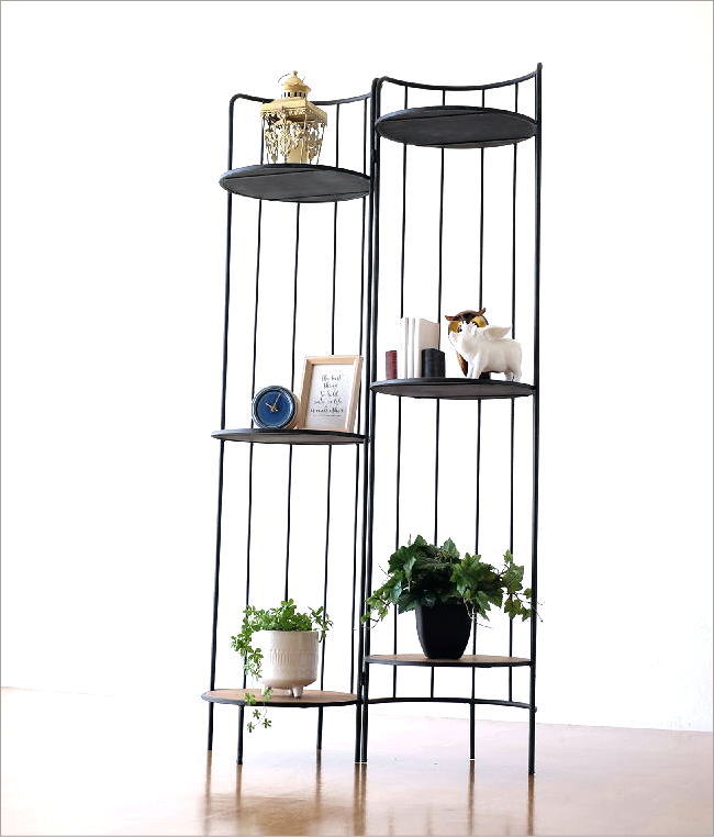 オープンシェルフ 3段 アイアン 木製 円形 円柱 折りたたみ 間仕切り