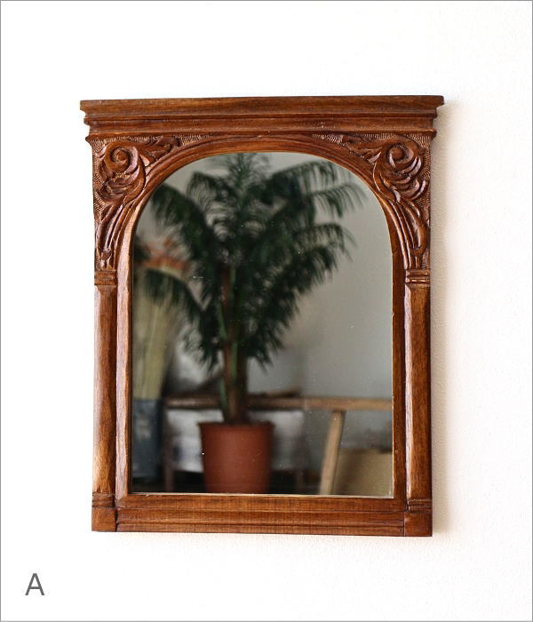 鏡 壁掛け 卓上 ミラー おしゃれ 木製 天然木 マンゴーウッド 木彫り