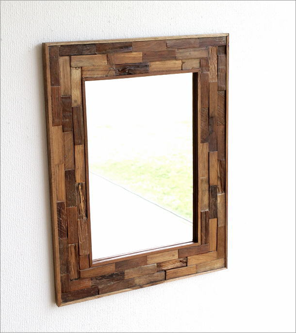 鏡 壁掛けミラー 木製 おしゃれ ウッド 天然木 玄関 ウォールミラー