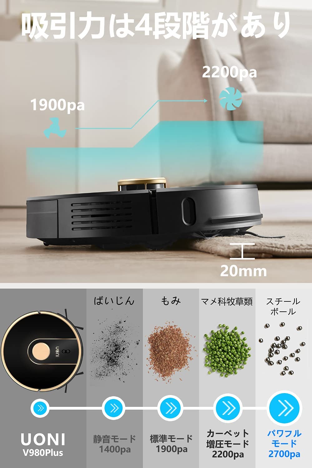 ☆ UONI ロボット掃除機 水拭き・自動ゴミ収集 V980 plus Set 2700pa