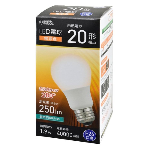 LED電球 E26 20形相当 電球色 LDA2L-G AG59 OHM 電球型