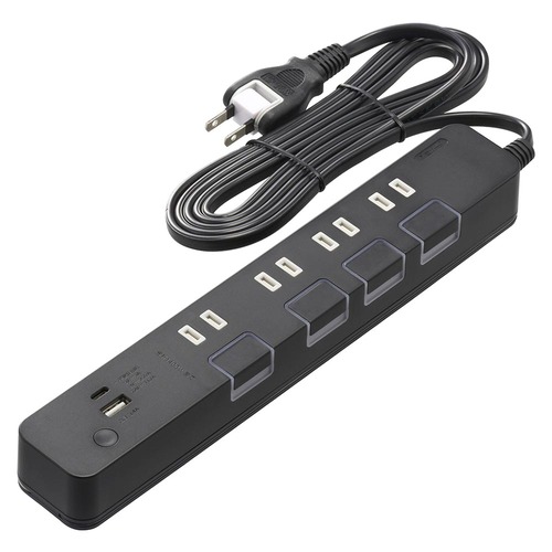 4個口節電タップ USBポート付き 2m HS-TPKU42PD-24K OHM コード付