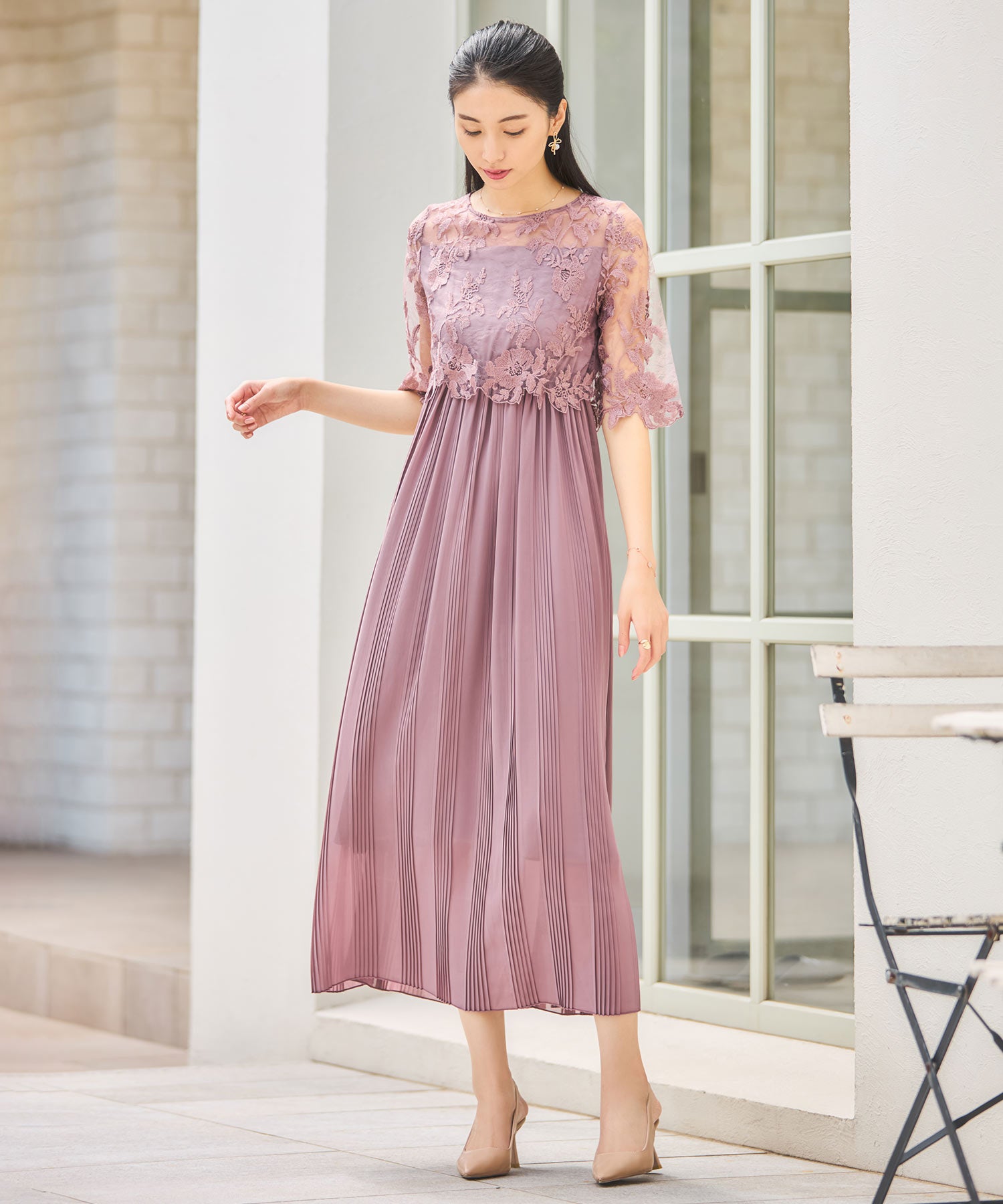 ワンピース ドレス レース プリーツ 結婚式 レース袖 ラベンダー