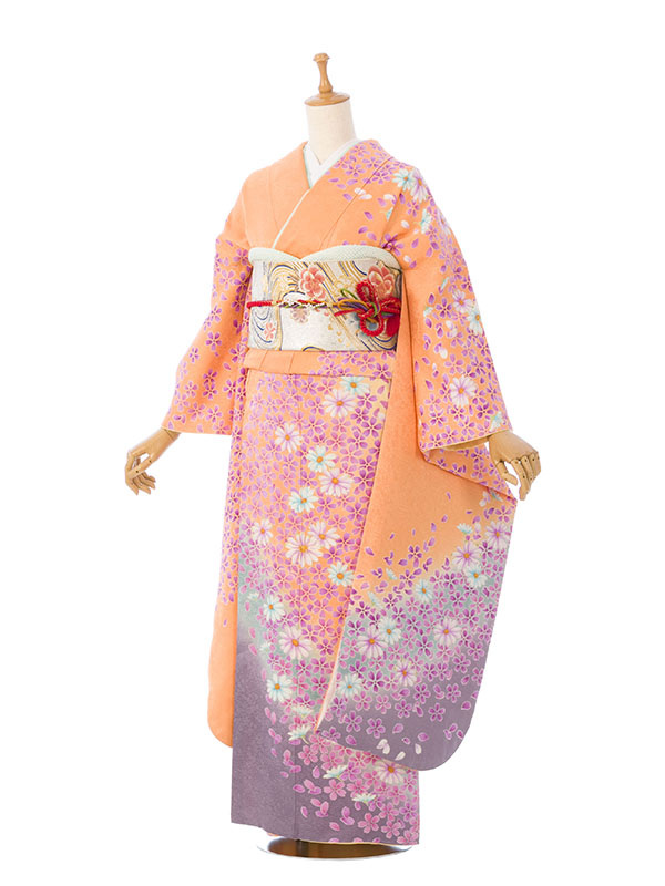 振袖|ｵﾚﾝｼﾞ系|桜|5S780|対応身長:150-160cm|ｻｲｽﾞ:7号-13号｜全国宅配可