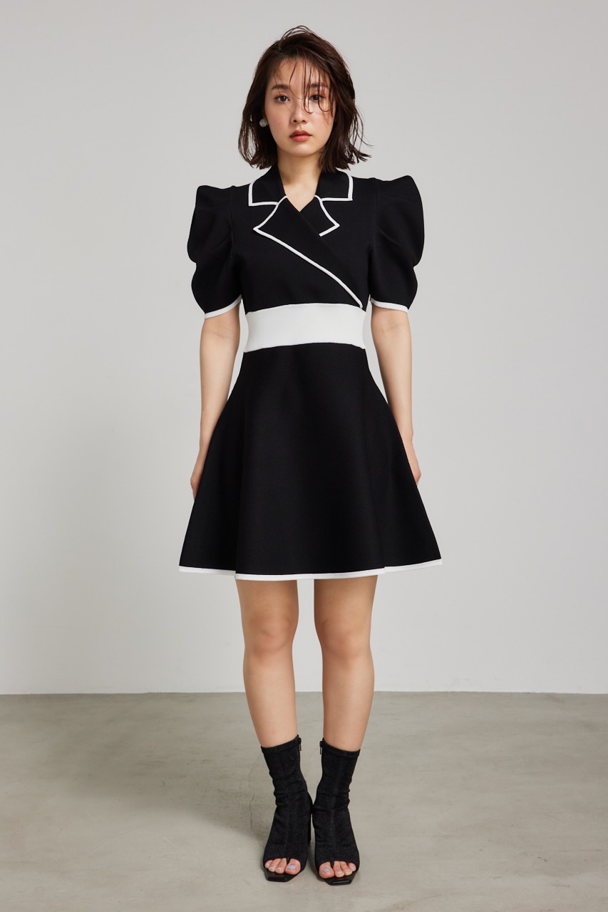 rienda | テーラードカラーミニフレアハーフスリーヴニットワンピース