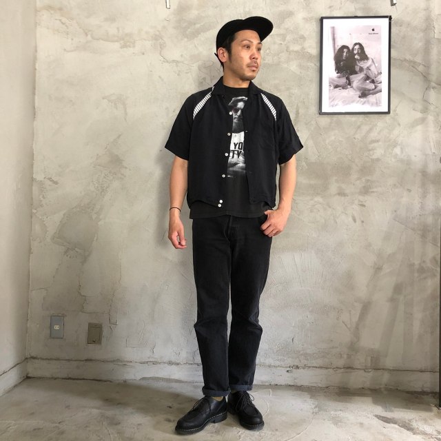 VINTAGE チェーンステッチ ボーリングシャツ開襟 レーヨン 刺繍 黒