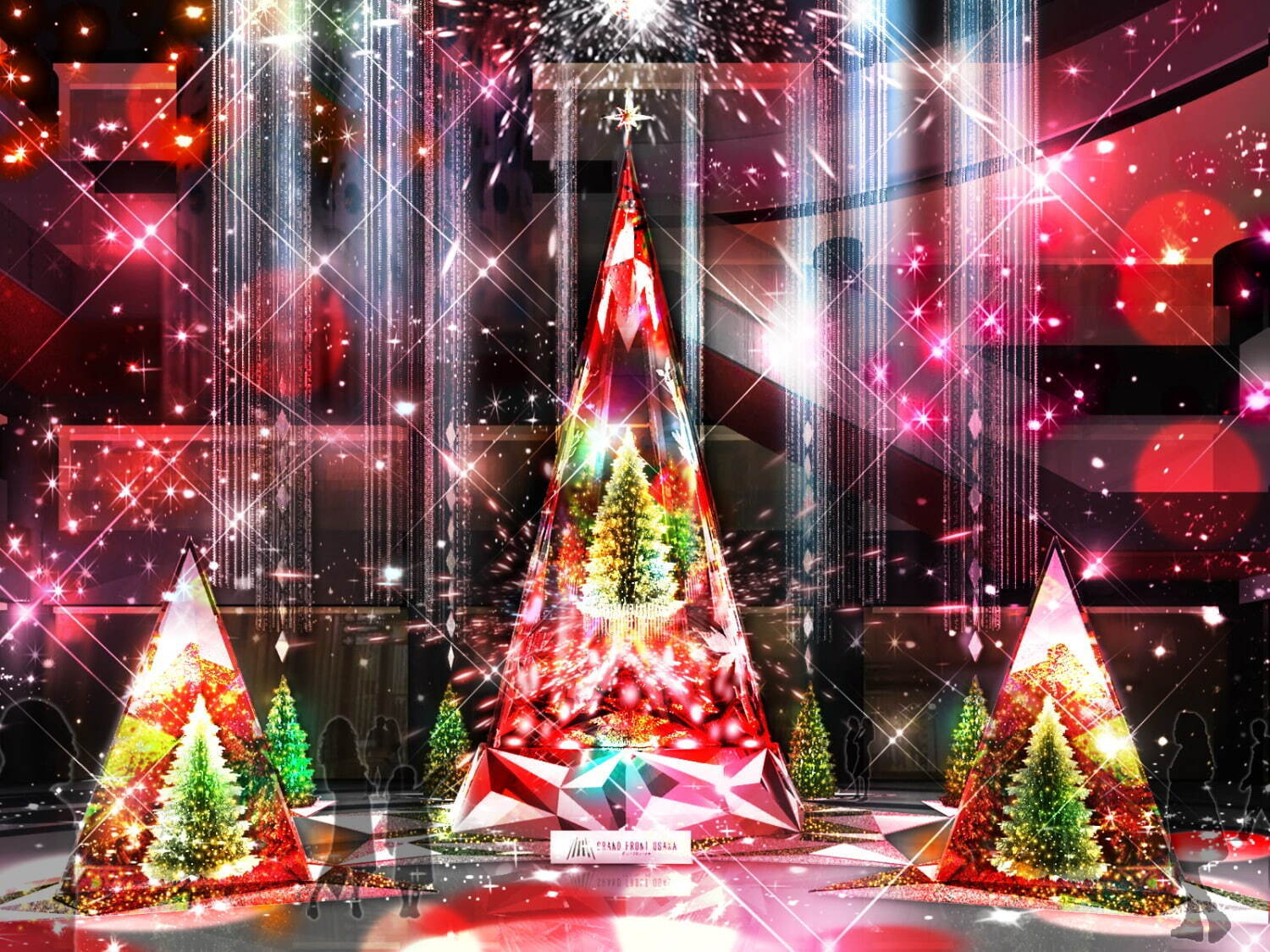 グランフロント大阪24年クリスマス、万華鏡のように輝く巨大ツリーや