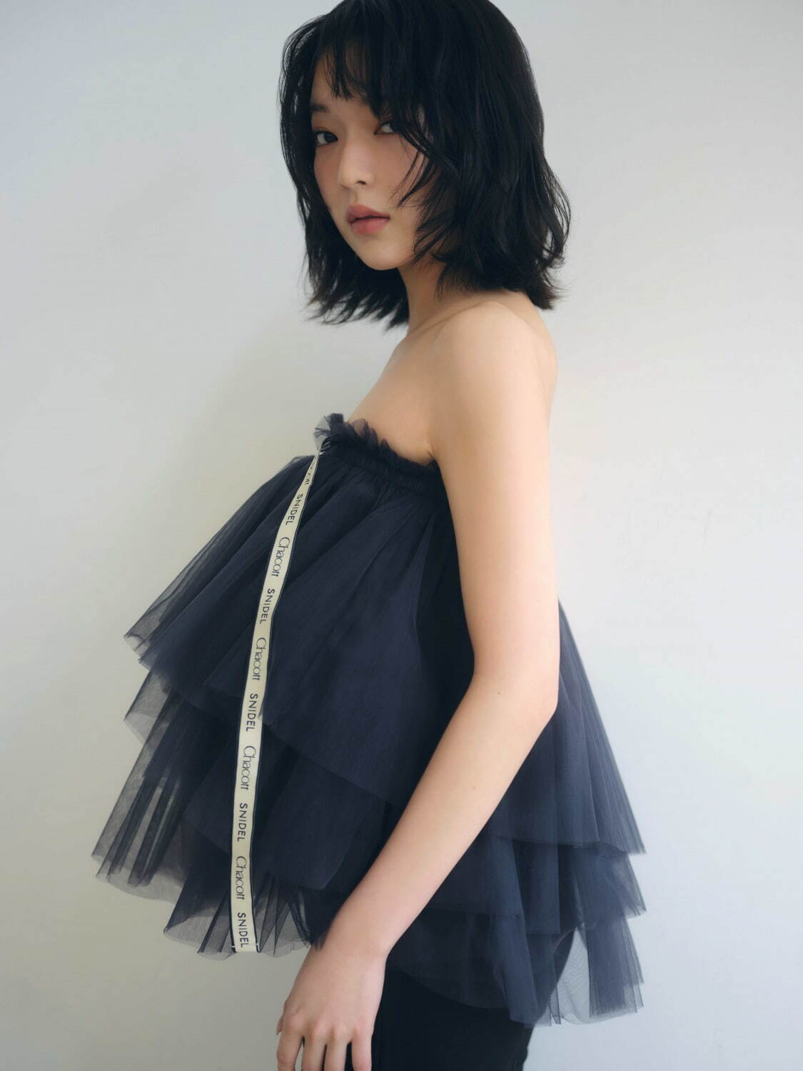 チャコット ウエストフリルチュールスカート 黒 ＊ ロングスカート